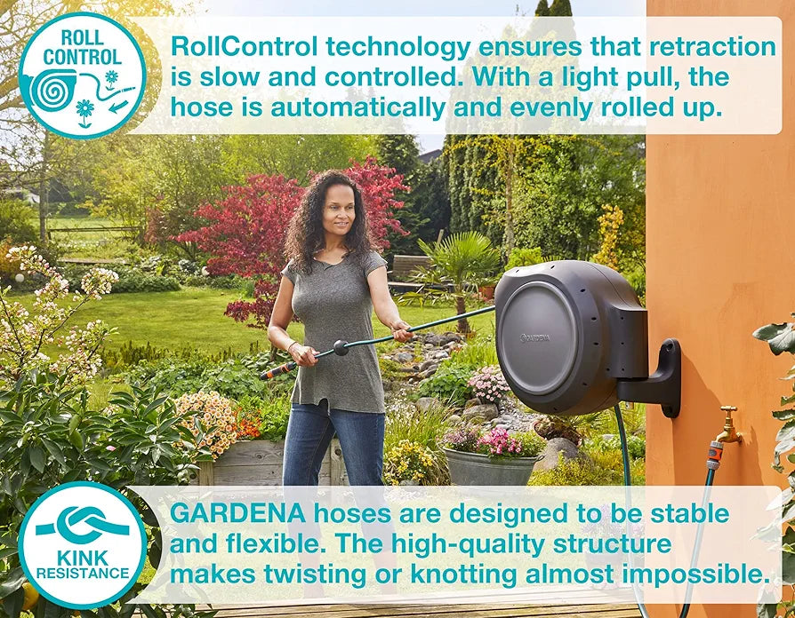 Gardena™ 20505 100' Retractable Garden Hose Reel - Heavy Duty, Swivel Bracket, Auto-Lock