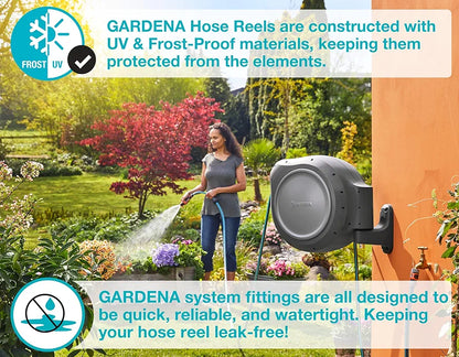 Gardena™ 20505 100' Retractable Garden Hose Reel - Heavy Duty, Swivel Bracket, Auto-Lock
